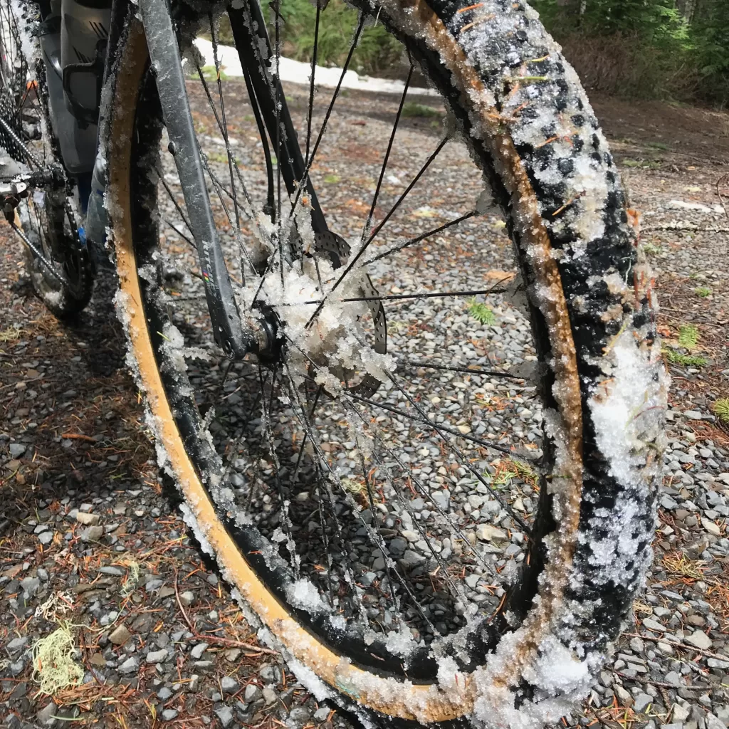 An aggressive gravel tire in snow